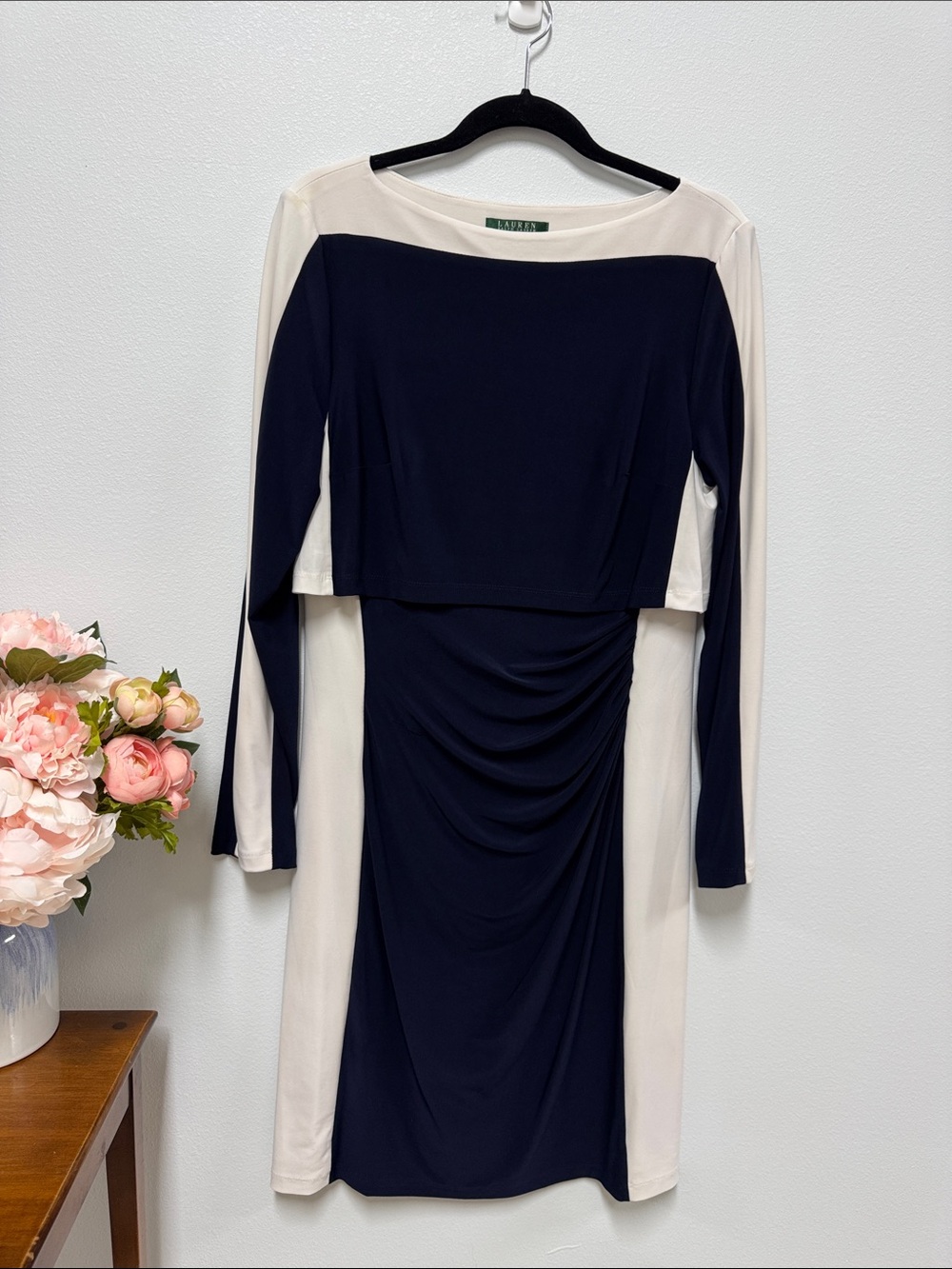 Lauren Ralph Lauren Navy and White Colorblock Long Sleeve Sheath Dress
